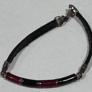 Bracelet Women Black Burgundy 925 Sterling Silver Embossed tooled Leather 7.25